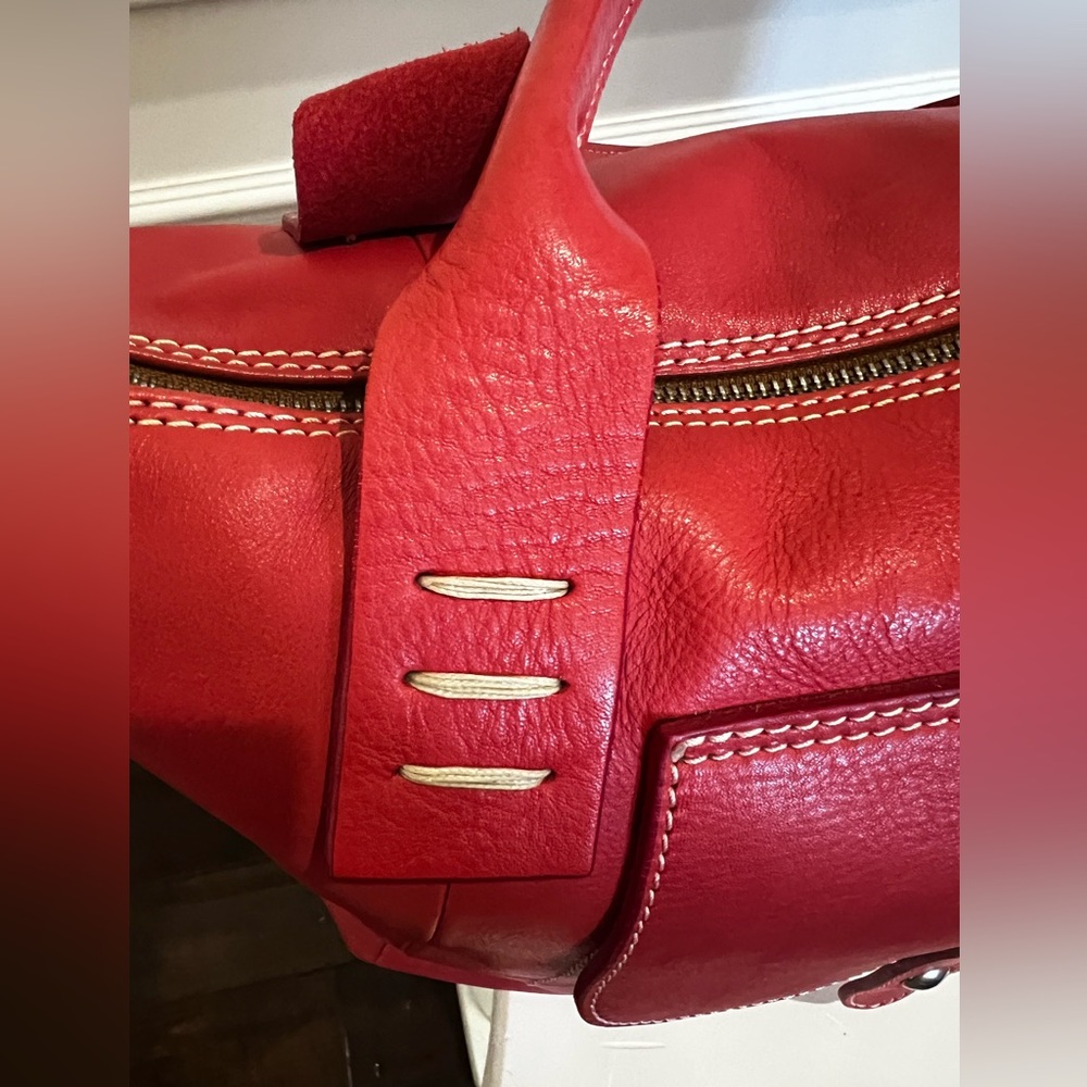 Brick-Color, Rolled Handles, Leather Large Satchel Zipper Tote Bag. - Picture 6 of 17